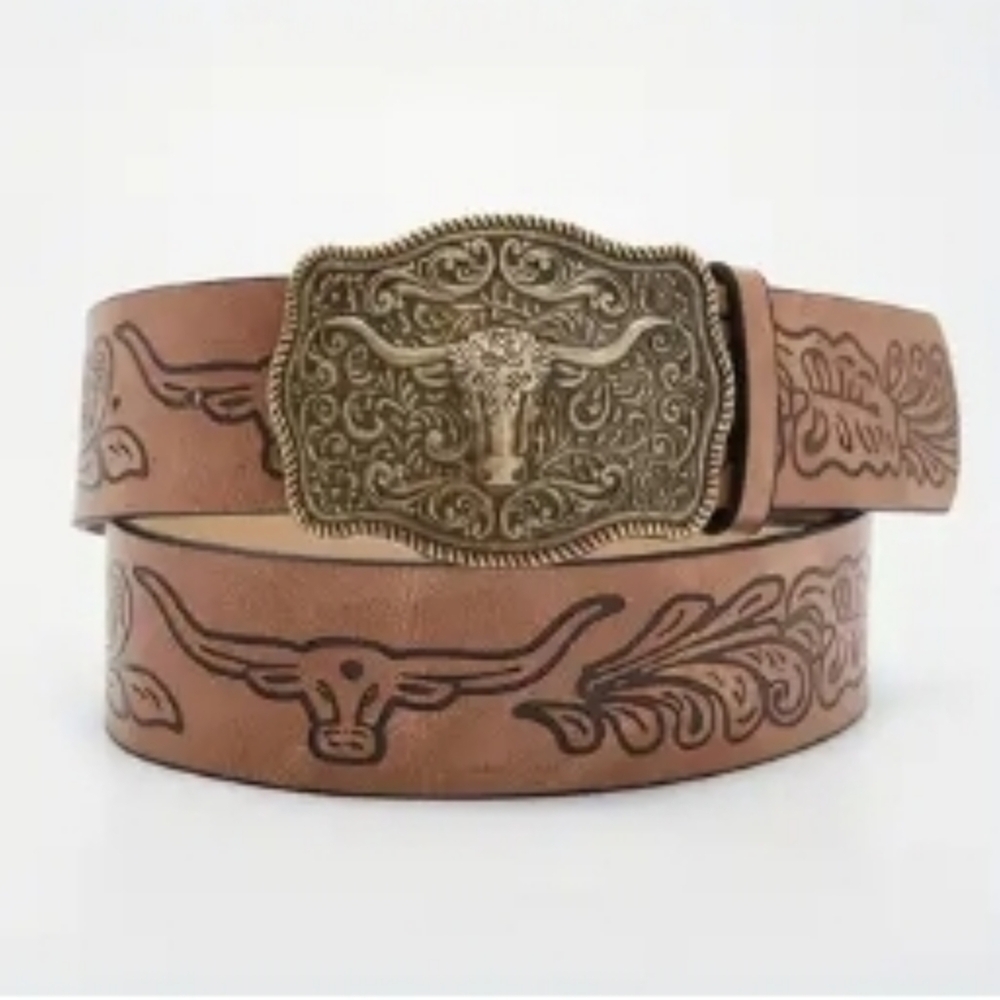 Brown Rustic Western Bull Head Buckle Belt